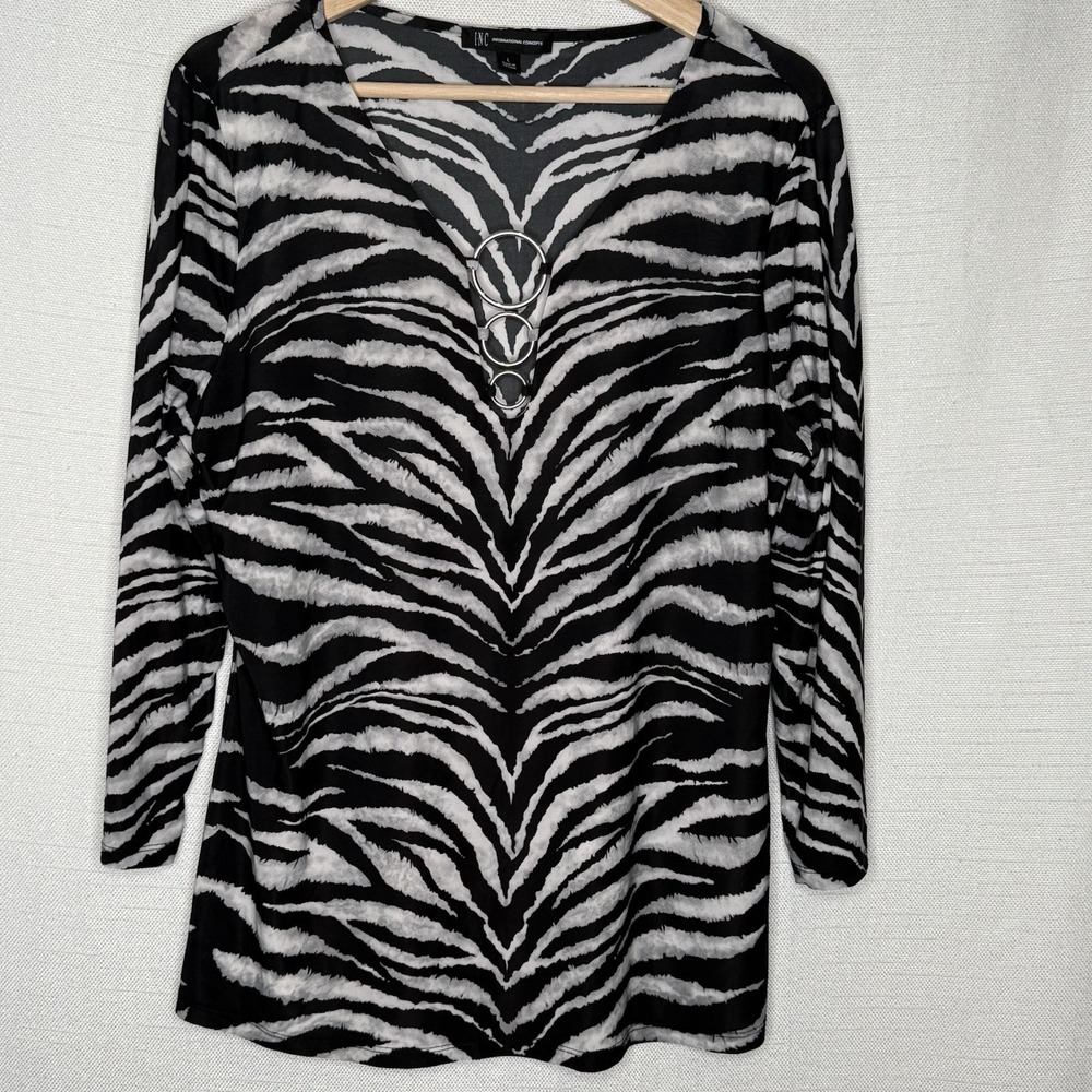 INC International Concepts‎ Zebra Print 3/4 Sleeve Shirt Stretch Womens L Stripe